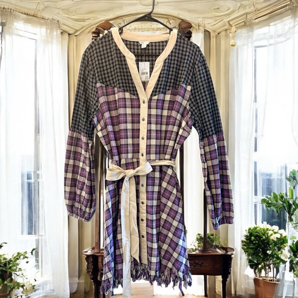 Stylish Plaid purple Button-Down Dress with Belt and fringed bottom